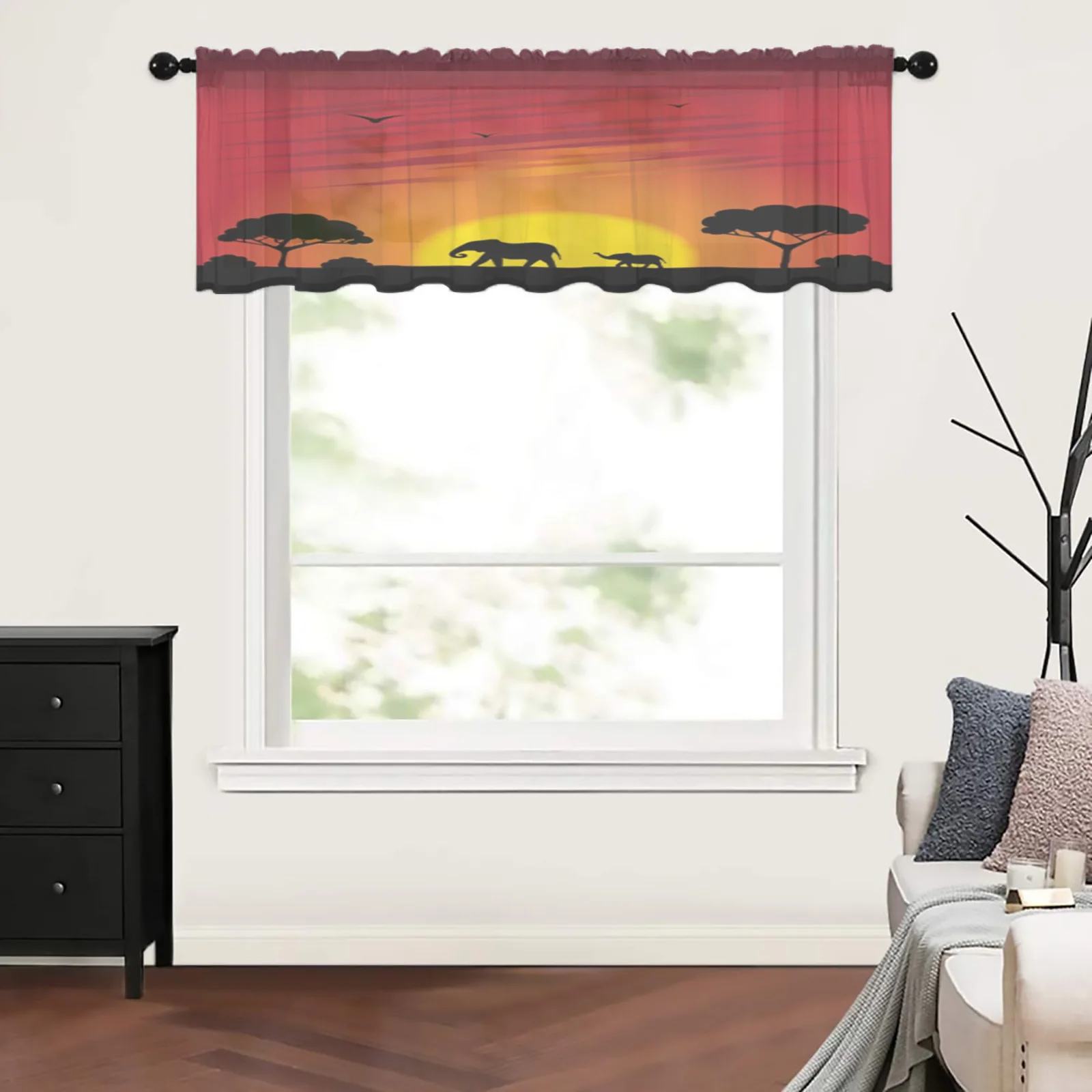 African Savanna Elephants Short Sheer Curtains For Living Room Bedroom Kitchen Tulle Curtains For Window Treatments