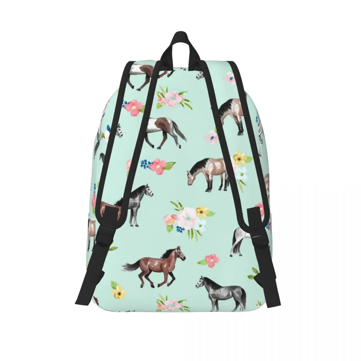 Horses And Flowers, Mint Blue, Horse Art Student Backpack School Bag Travel Daypack for Boys Girls Fashion Bookbag Shoulder Bags