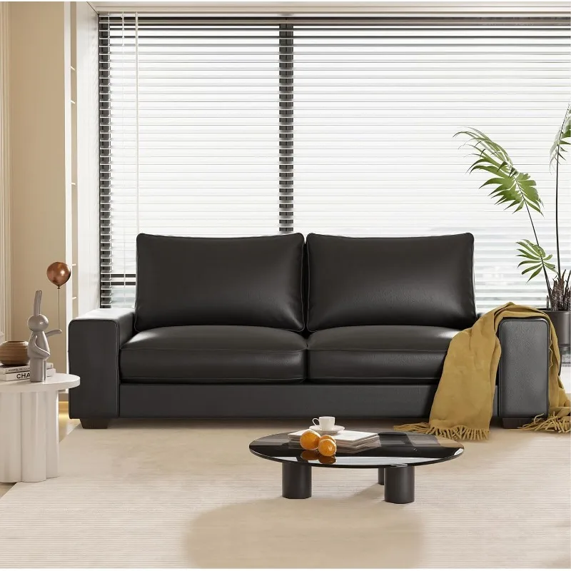 Faux Leather Couch, Mid Modern Comfy Loveseat Sofa with Wide Arm, Side Pockets, Solid Wooden Frame for Office