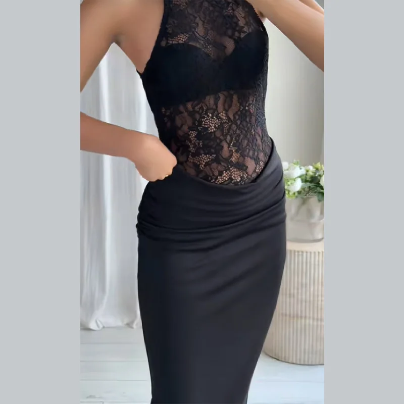 レースパッチワークホルタードレス レディース ノースリーブ セミシースルー ロングスカート シック スリム パーティードレス 2025年新作 エレガント レディースドレス