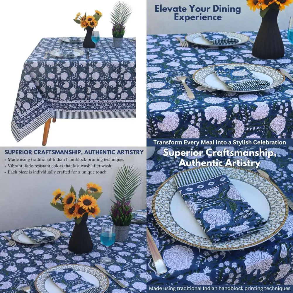 

Cotton Block Printed Tablecloth 72x135 - Seats 8-10, Bohemian Style, Washable for Dining, Kitchen, Parties, Outdoors (K Blue)