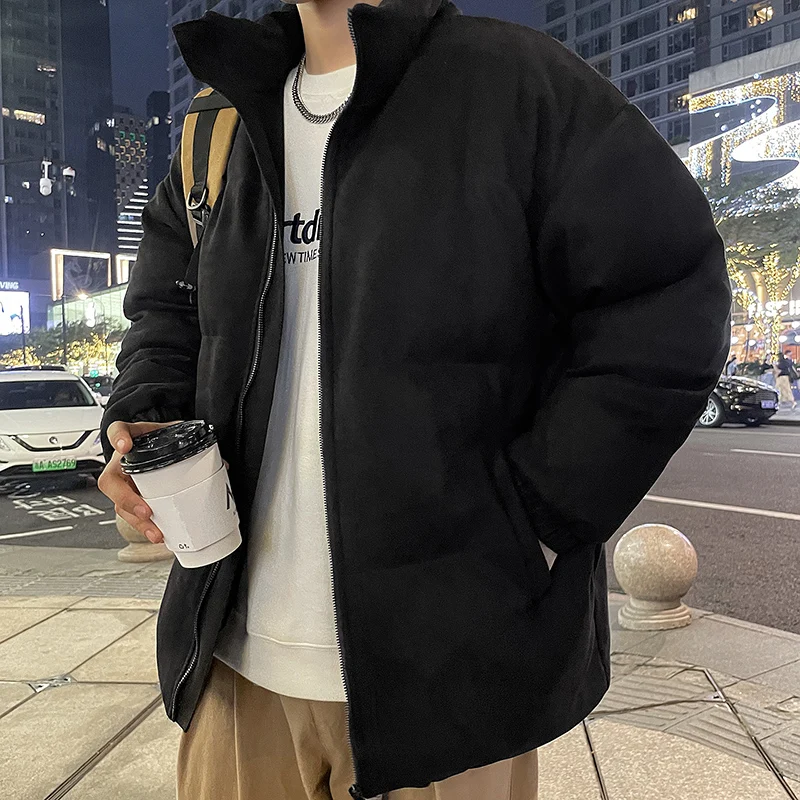 

Men's autumn and winter black stand up collar fleece and thickened cold proof and warm cotton padded jacket for teenagers