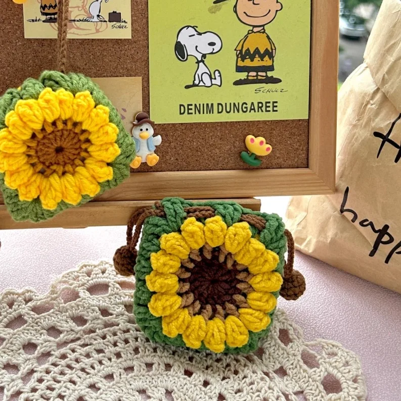 

Hand Knitted Suower Dstring Bag Lipsti Universal Earphone Small Bag Change DIY Crochet Materials Storage Bag