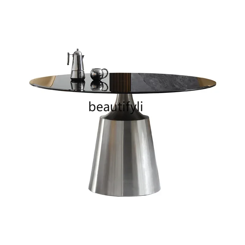 TTT Italian minimalist light luxury tempered glass dining table home restaurant French stainless steel, round table customizatio