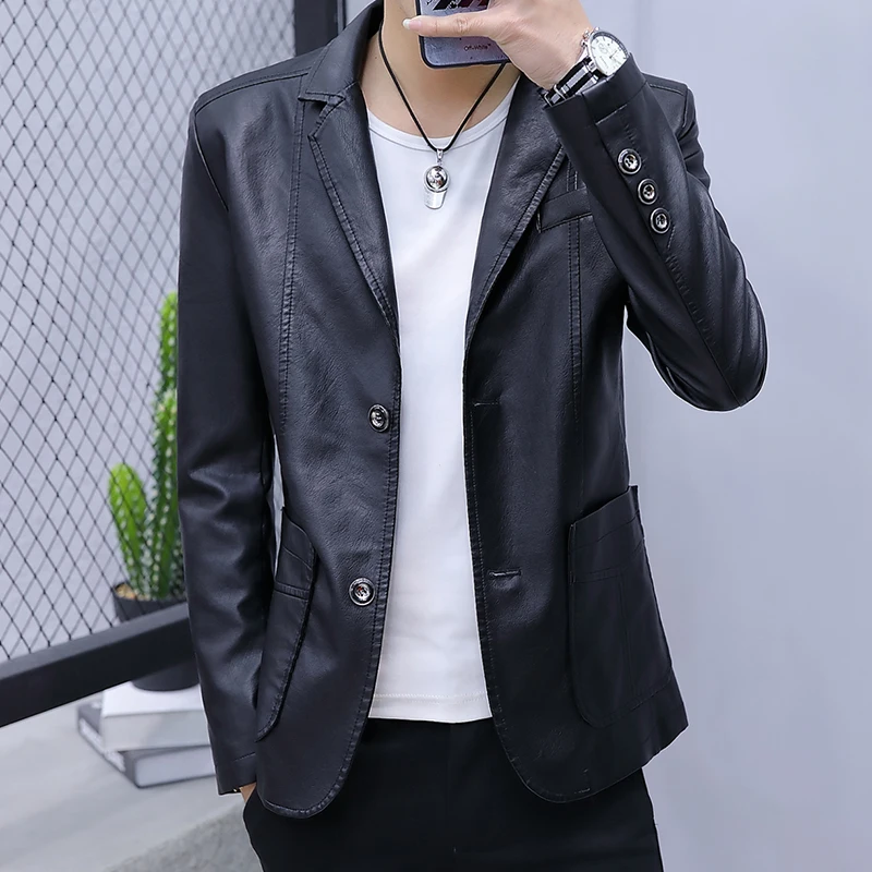 

Men's Faionable Slim Fit Leather Jaet Single Button PU Motorcycle Sle Autumn New Korean Version Warm Casual Coat