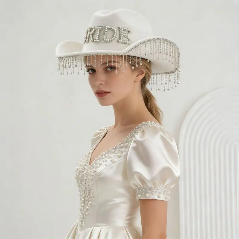 Women's wedding hat with unique rhinestone tassels and pearl letter BRIDE decoration for festive birthday parties