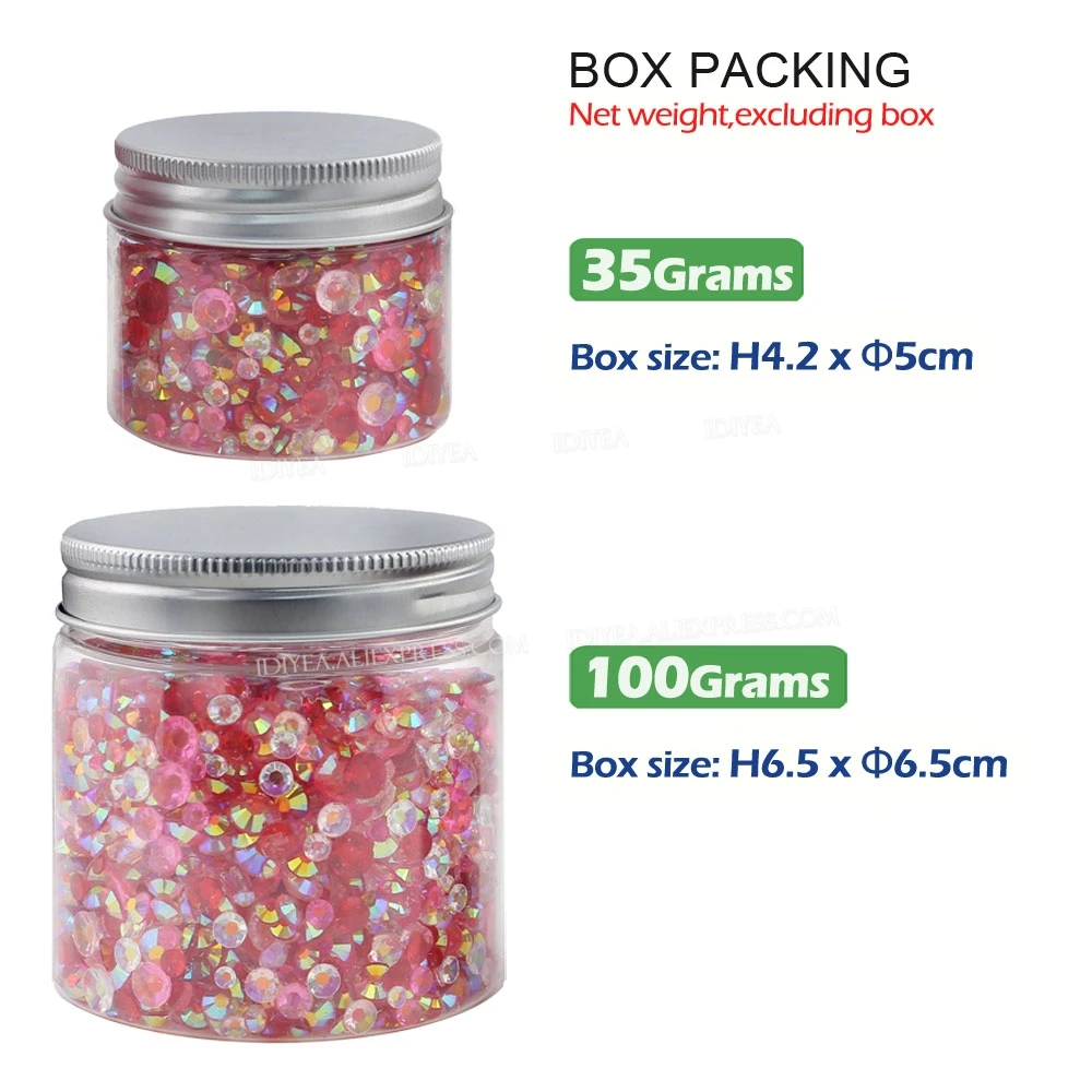 IDIYEA 35g 100g in Box Mix Colors Sizes 3-6mm Resin Rhinestones FlatBack Plastic Non Hot Fix Crystals Glitters For DIY Nail Art