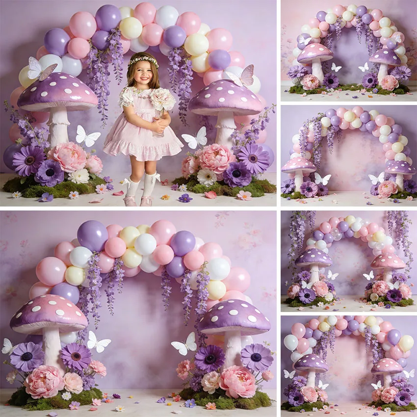 

Фон для фотосъемки Wonderland: Фиолетовые бабочки и грибы, декор для детского дня рождения, фотозона для тортов, портретный декор, фон для фотостудии