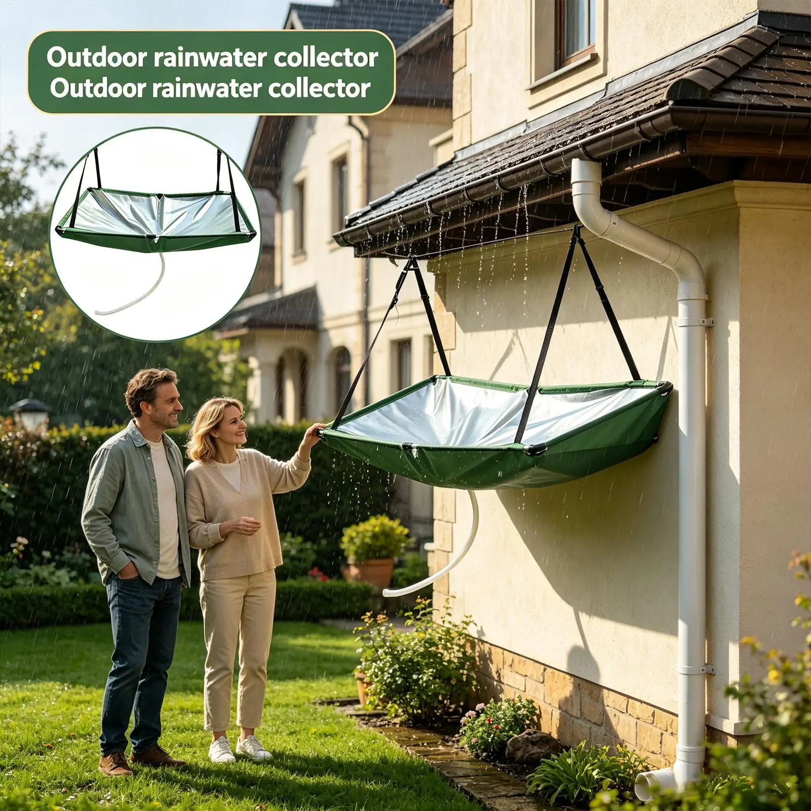 Outdoor rainwater harvester, water guide, rainwater collection device, hanging rainwater collection cover with water hose
