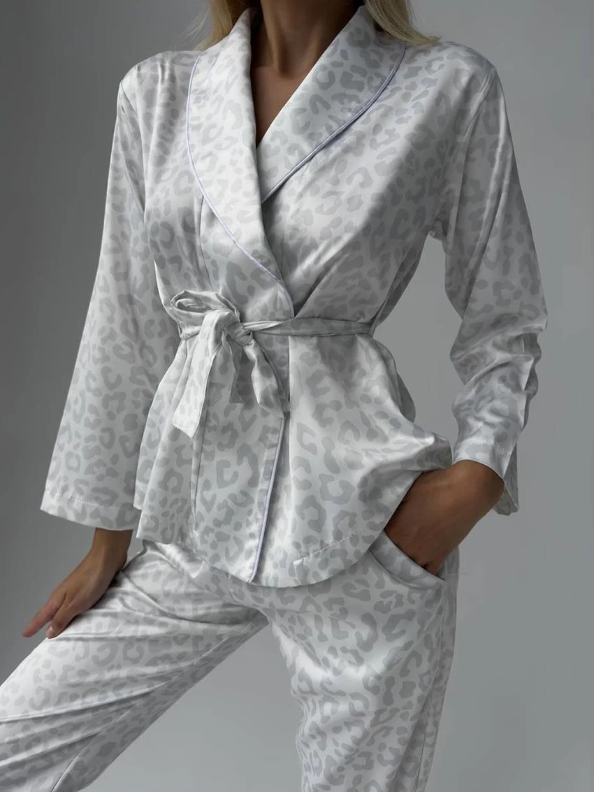 Marthaqiqi Printing Female Pajamas Suit Long Sleeve Robe Lace Up Sleepwear Turn-Down Collar Nightgowns Pants Women Nightwear Set