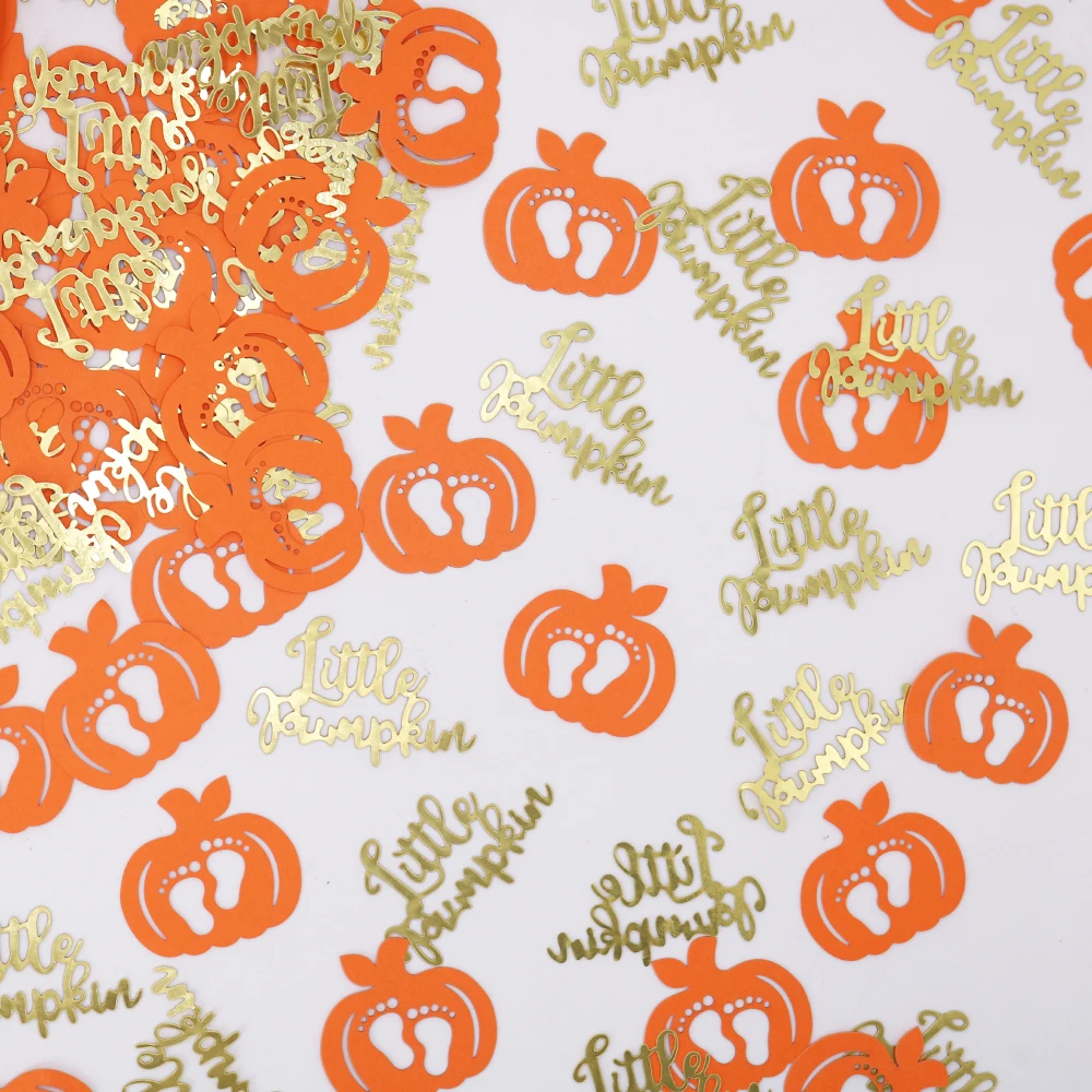 100 Stück kleines Kürbis-Babyparty-Konfetti – orangefarbene Fuß-Tischdekorationen für Jungen und Mädchen, Geburtstag, Erntedankfest