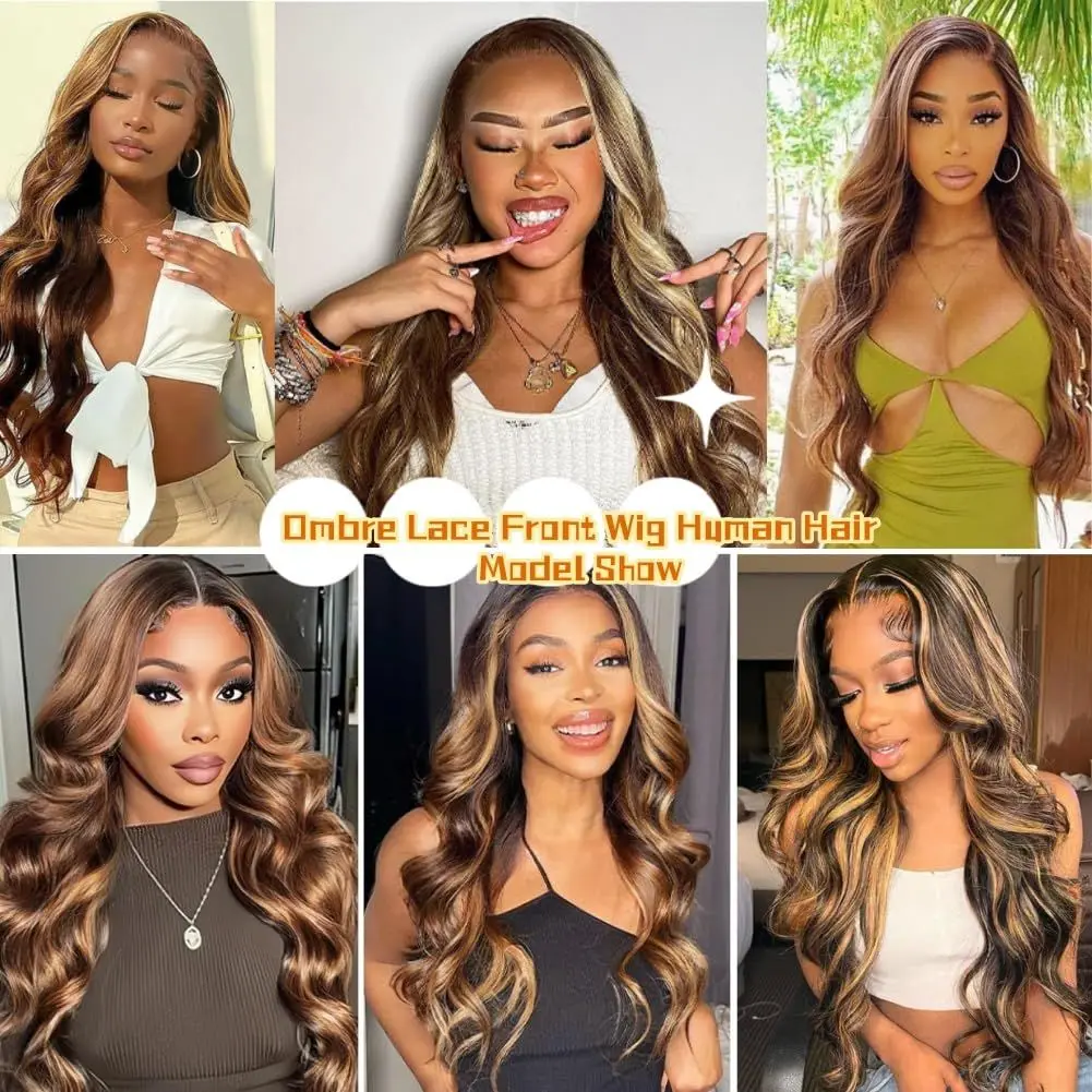 Honey Blonde Ombre Lace Front Wig Human Hair Highlight Body Wave Lace Front Wigs Human Hair Pre Plucked 200 Density Wig Straight Deep Wave 13X4 HD Lace Frontal Wig for Women 4/27 Colored 28 Inch