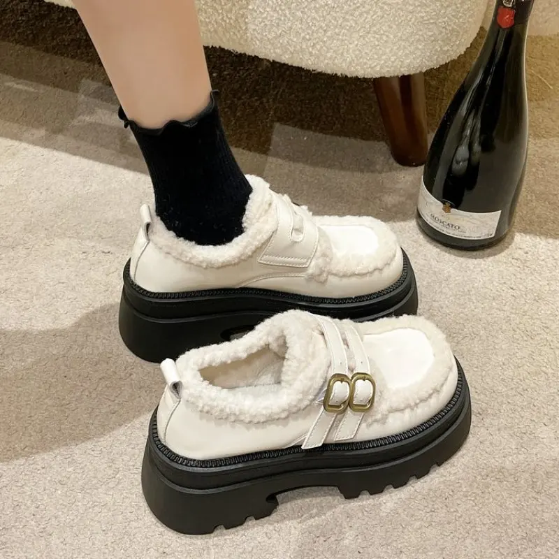 Ankle Flats Platform Fur Loafers Women Shoes Short Plush Warm Casual Boots 2024 Winter New Trend Fashion English Style comfort