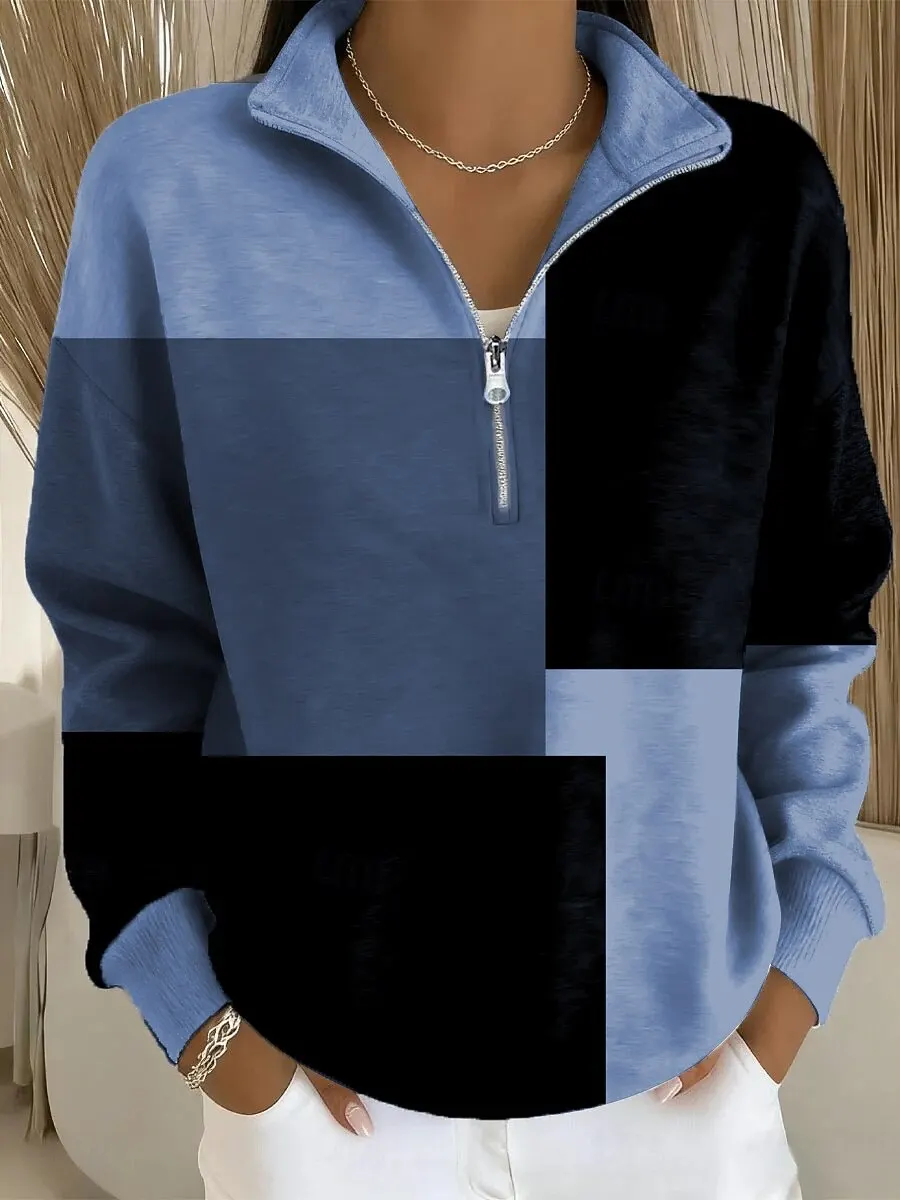 

Fashion Color Block Pattern Zipper Sweatshirts Autumn Winter Casual Half Zip Pullover For Women Daily Loose Comfortable Clothing