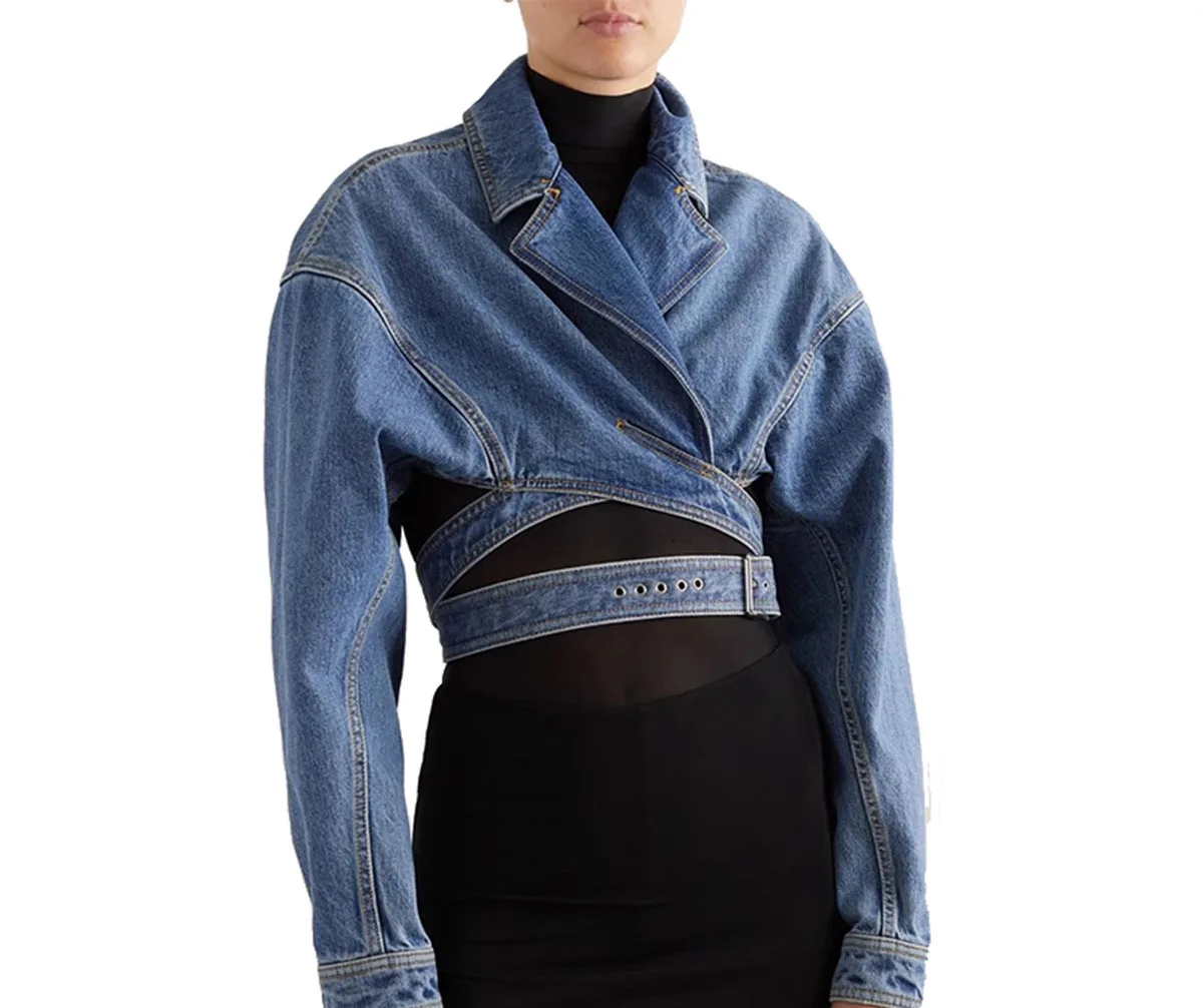 

Chic Spring Women's Cross Folded Collar Hollow Out High Waist Belt Tied Denim Jacket Jeans Coat Short Cowboy Cardigan Tops