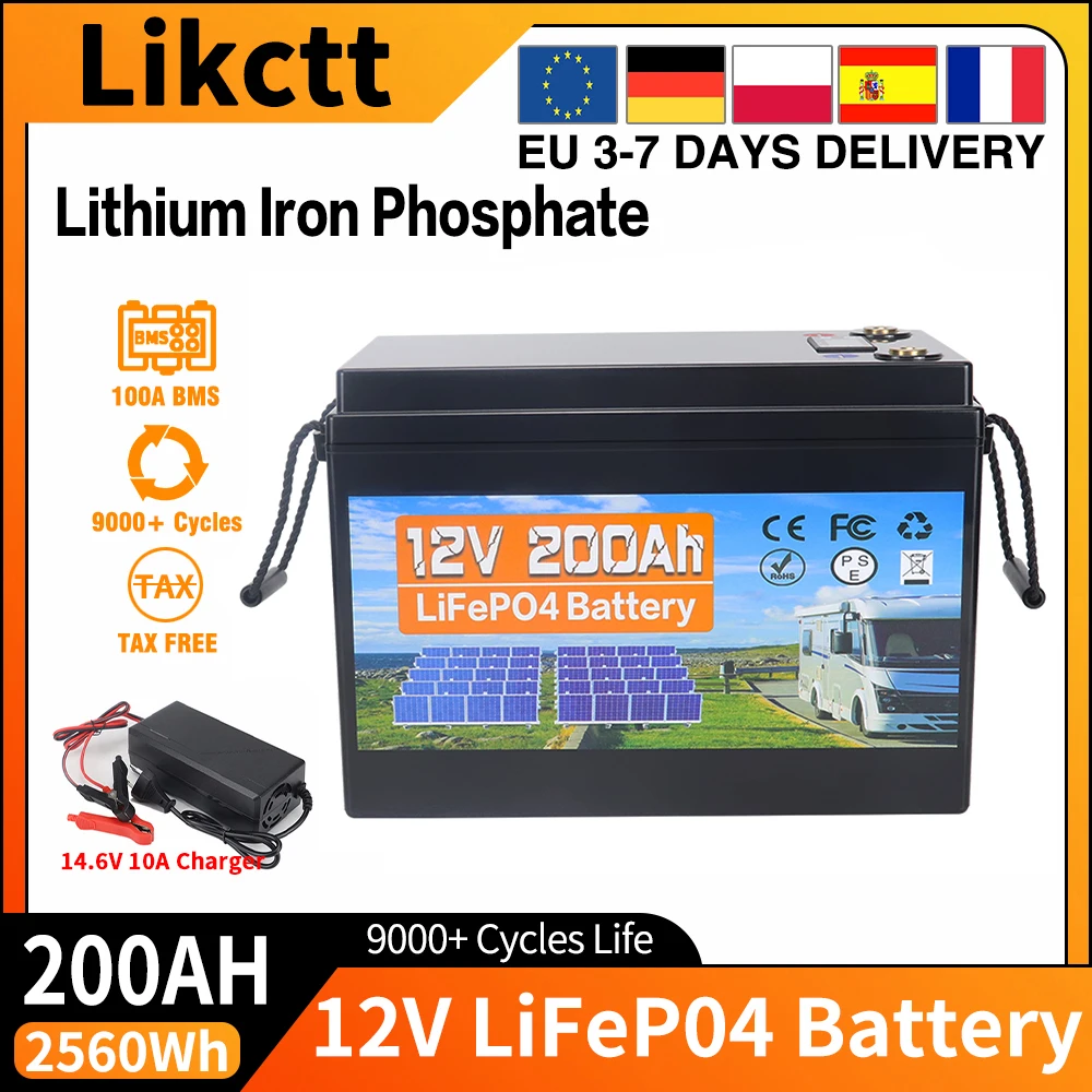 Nieuwe 12V 24V 100Ah 150Ah 200Ah 350Ah LiFePO4 Lithium IJzerfosfaat Batterij, ingebouwde 100A BMS, 9000+ diepe cycli, bescherming tegen lage temperaturen, voor camper, boot, zonne-energie, off-grid,