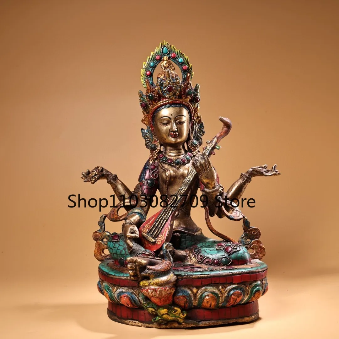 Tibetan brass gilt painted face inlaid with precious stones, beautiful voice, Tara goddess statue, home Buddhist hall supplies o