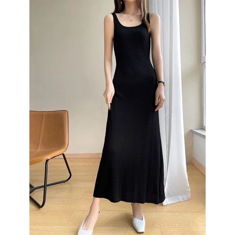 Knitted Dresses Big U-neck Summer Women's Knit Sleeveless Dress Chic Simple Casual Dress Women Vest Spaghetti Strap Long Dress