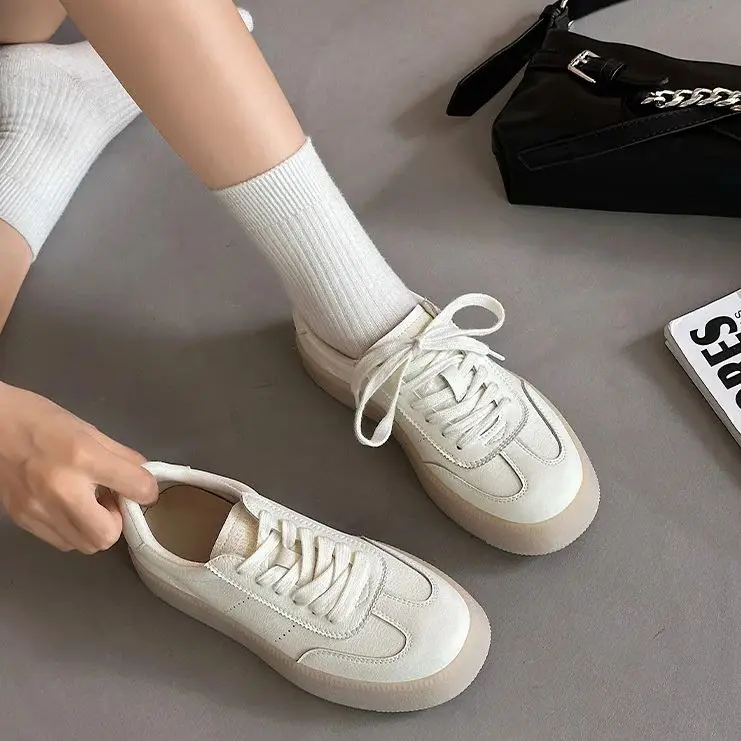 

Retro Women's Chunky-Soled White Height-Increasing Trainers Simple Soft Genuine Leather Non-Slip Durable Versatile Casual Sports
