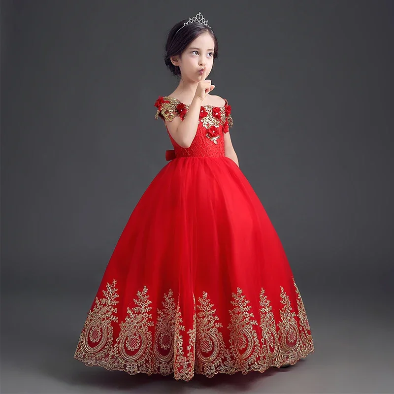 

Luxury Beading Appliques Embroidery Ball Gown Strapless Red Long Flower Girl Dresses First Communion Dresses For Girls