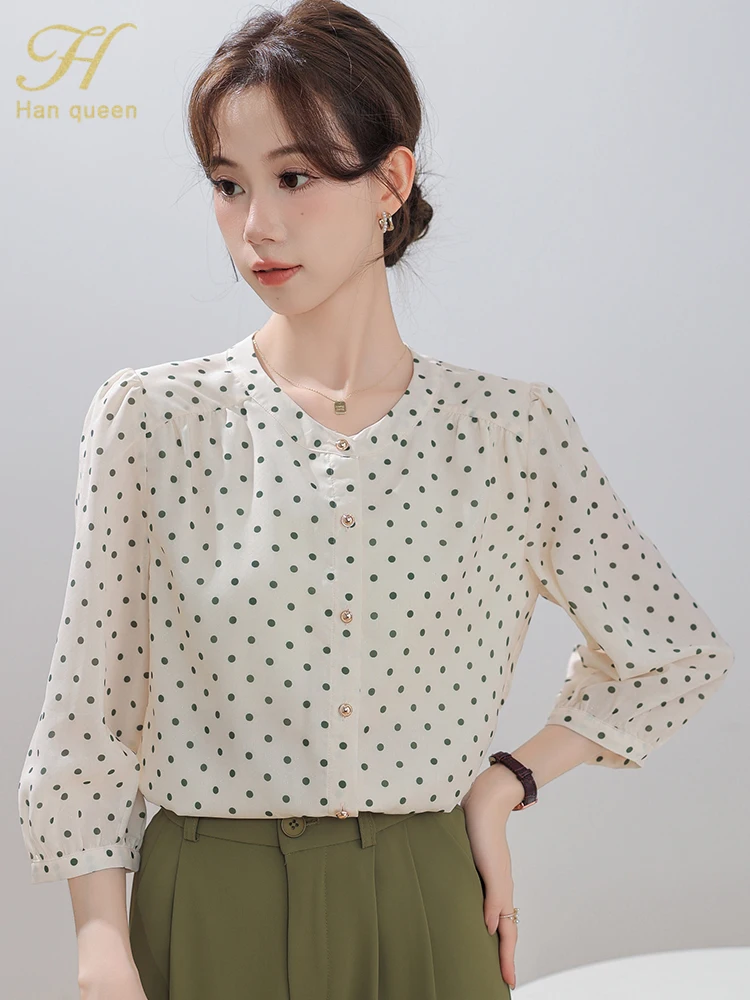 H Han Queen 2024 Autumn Tops Simple Office Chiffon Blouse Elegant Dots Shirt Casual Korean Style Loose Blouses Women Clothing