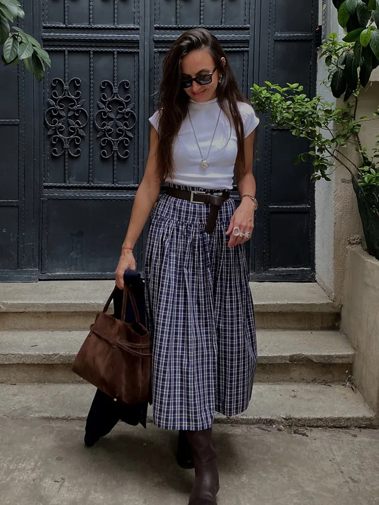 HH Women's Fashion Plaid Belt Decoration Casual Zipper Long Skirt High Waist Chic Loose Pleated Skirt Women Street Style Skirt