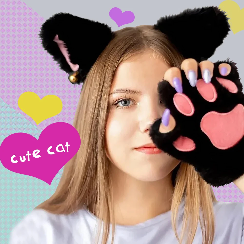 Cat Ear Headband Fingerless Gloves Set Cute Animal Costume Accessories Warm Soft Christmas Gift for Girls