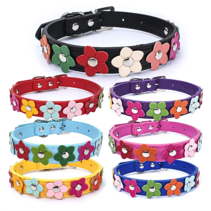 Flowers Pet Dog Collar Leash PU Leather Cat Chain Neck Strap for Small Middle Large Animal Teddy Chihuahua Pug Fashion