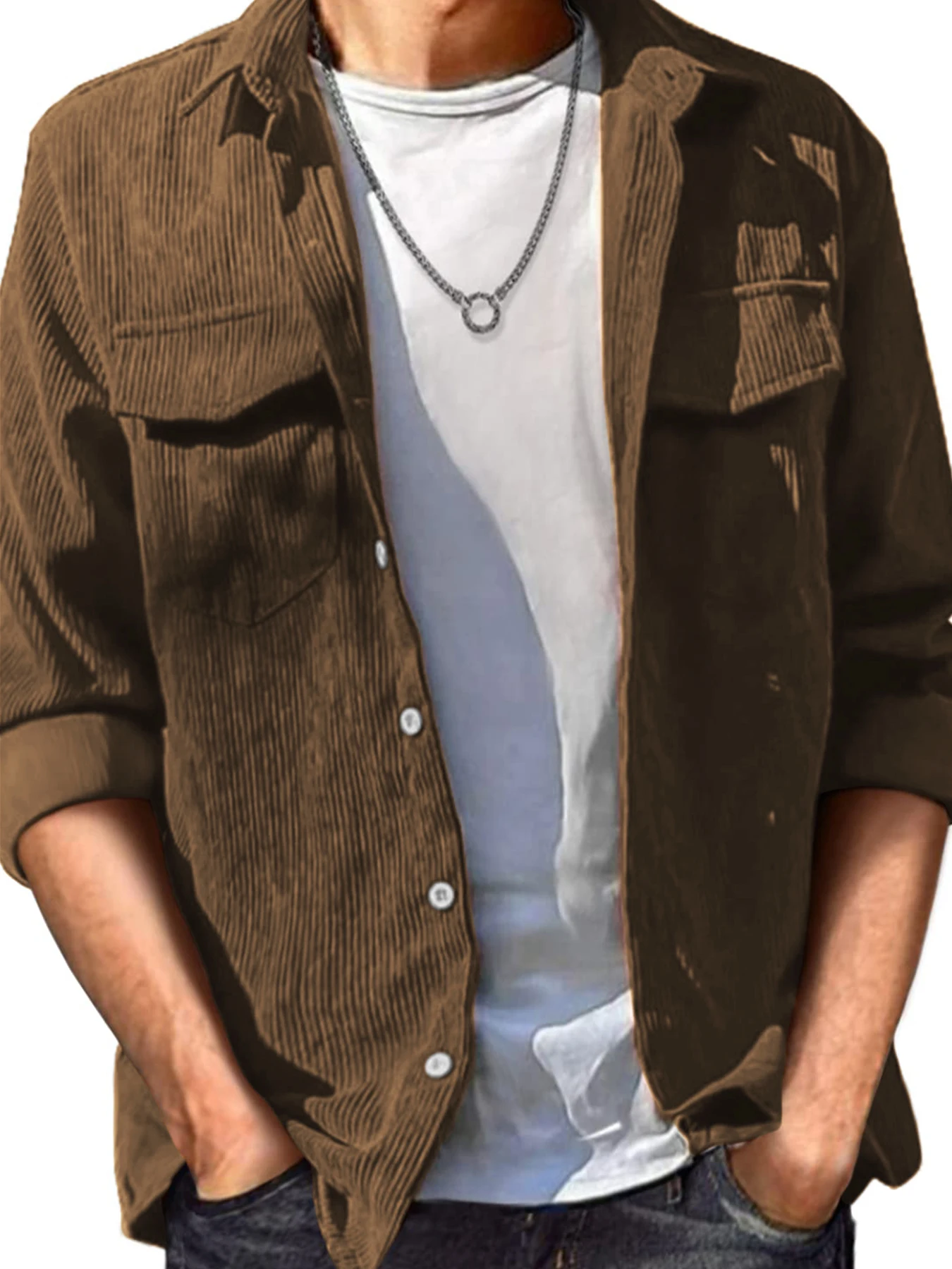 

Men's Corduroy Shirt Jacket Long Sleeve Button up Lightweight Streetwear Shacket for Spring Autumn Solid Color Outwear Males