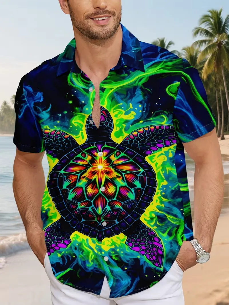 

Men's Neon Turtle Print Hawaiian Shirt Colorful Psychedelic Sea Turtle Pattern Short Sleeve Casual Beach Vacation shirts