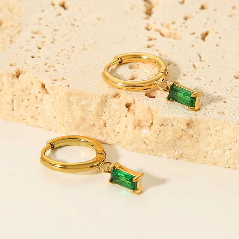 Ins 18K Gold PVD Plated Stainless Steel Square Green Stone Hoop Earring For Women Waterproof  Hypoallergenic Jewelry Gift