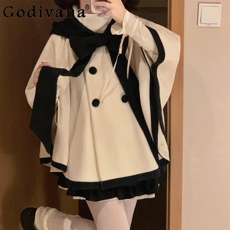 

Luxurious Lolita Woolen Cape Women Autumn Winter Japanese Style Sweet Bow Lolita Coat Female Long Sleeve Cute Capes