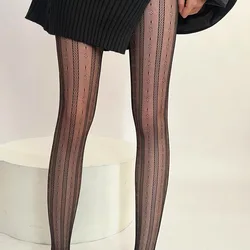 Summer Retro Vertical Lace Jacquard Women's Pantyhose Thin Fine Mesh Stockings Hottie Sexy Hollow Elastic Seamless Leg Tights