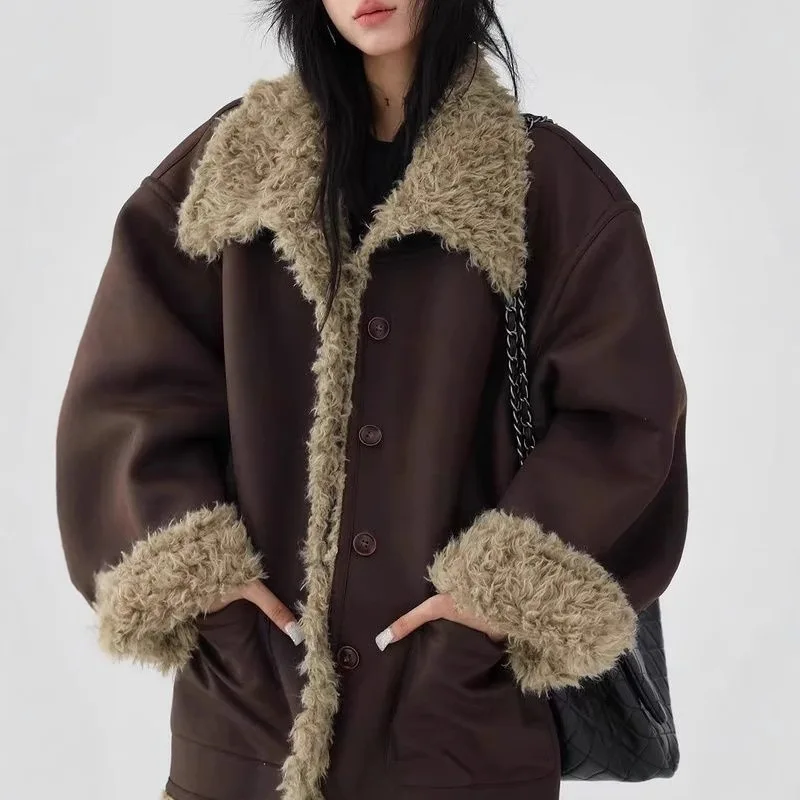 

Women Blend Wool Coat 2025 New Retro Two Side Wear Lamb Fur Lined Thickened Cotton Coat Warm Women's Casual Coat