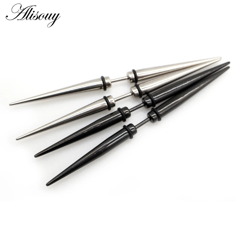 Alisouy 2Pieces Unisex Stud Earrings Hiphop Punk Spike Cone Stainless Steel Dumbbell Barbell Ear For Men Women Piercing Jewelry