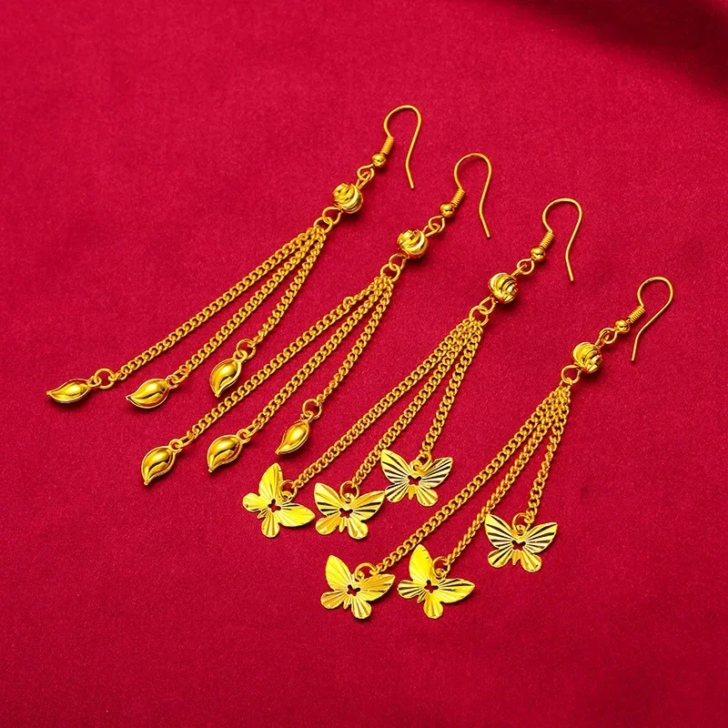 Pendientes largos con lazo de mariposa para mujer, aretes con borla, chapados en oro Real de 24K, joyería para asistencia a la fiesta, 100%