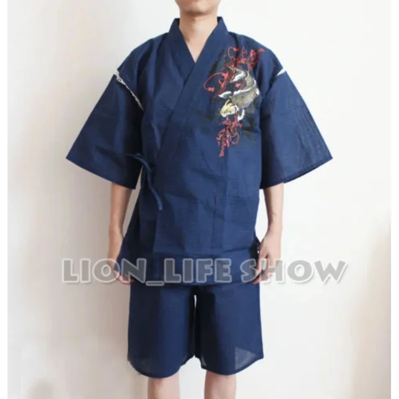 20151123 summer Men Japanese Jinbei Kimono Carp Short Sleeve Pants Sleepwear Pajama Homewear