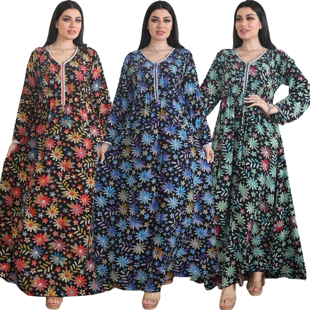 

Fashion Abaya for Muslim Floral Print Women Long Maxi Dresses Turkey Arabic Kaftan Islamic Party Eid Ramadan Dubai Robe Jalabiya