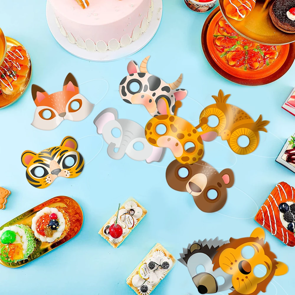 12 قطعة من أقنعة حيوانات سفاري المختلطة للأطفال في حديقة حيوان الغابة وأقنعة كرتونية لتزيين حفلات أعياد الميلاد على شكل حيوانات الغابة