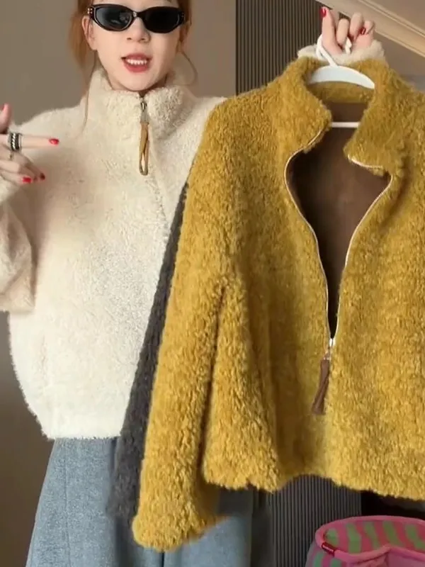 

Korean Style Lamb Fur Jacket Women's Winter New Short Zipper Stand Collar Warm Small Size Top Ladies Fashion Thickened Coat