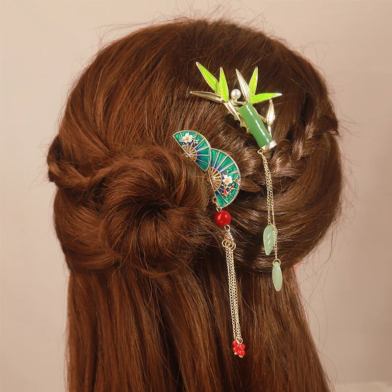 Chinese Style Tassel Fan Hair Stick Women Traditional Horse-face Skirt Hairpiece