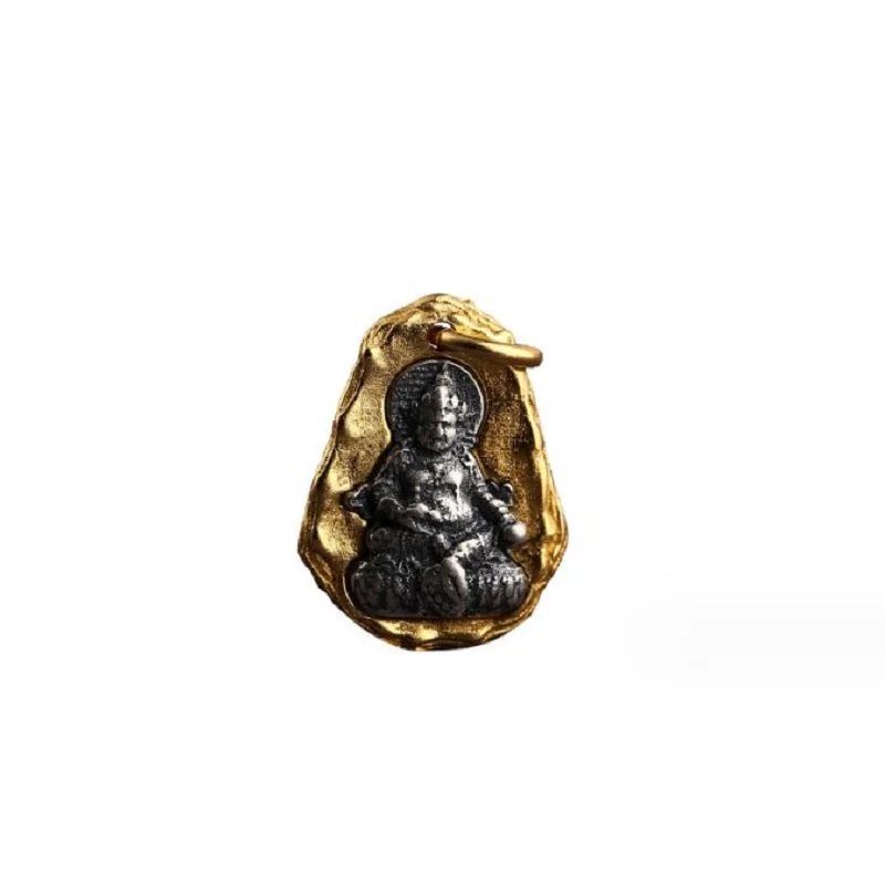 100% 925 Silver Tibetan Wealth Buddha Small Pendant Gold Plated Yellow Jambhala Good Luck Amulet