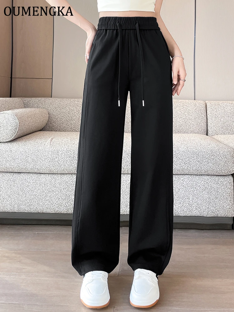 

Solid Black Woman Summer Drapey Pants Slim Fitting Strength Waisted Streetwear Straight Pants Women Basic Easy WearTrousers