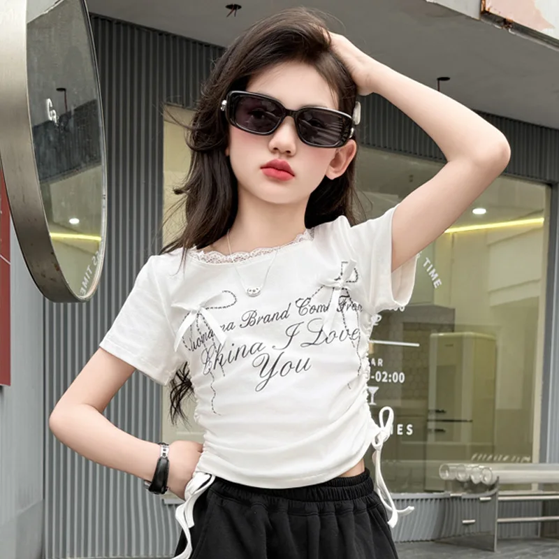 بدلة رياضية للمراهقين لخريف 2025 تي شيرت بناتي من القماش بفيونكة جرافيتي تي شيرت قصير أو بنطال طويل واسع الساق للأطفال الهيب هوب جاز 4 8 9 10 12 14 سنة