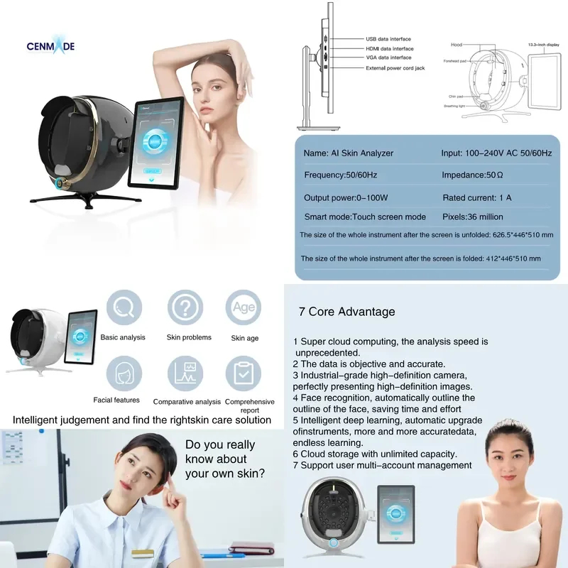 Wood Lamp Skin Analyzer Facial Diagnostic Instrument for Moisture Test and 3D Analysis
