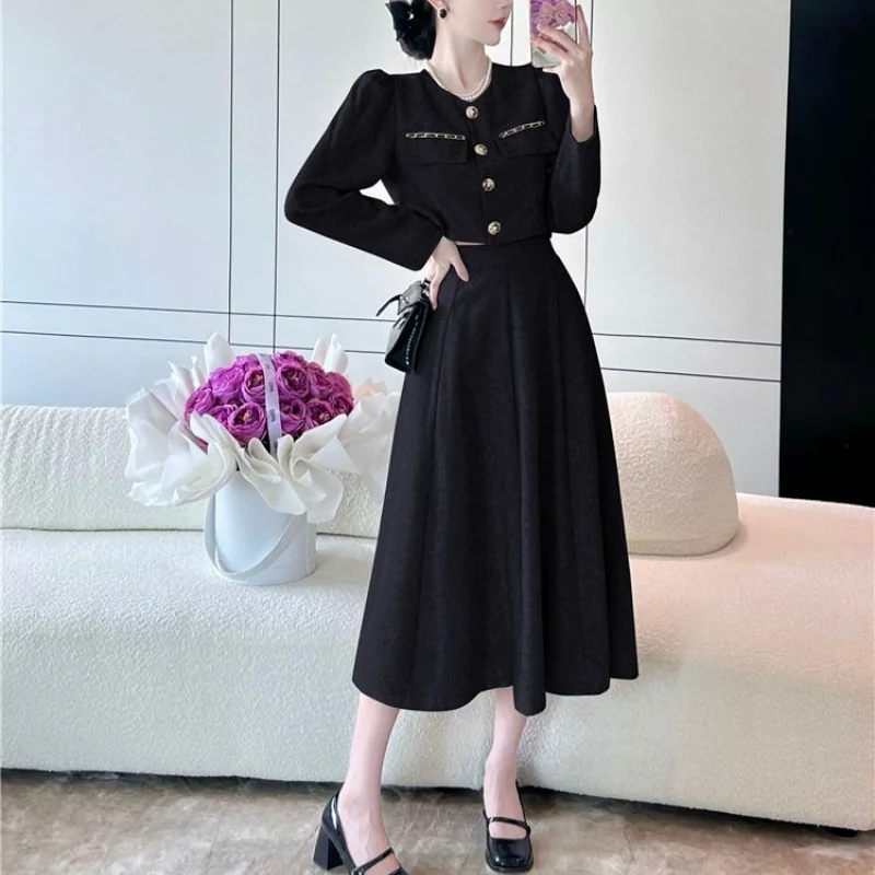 Women\'s Autumn New Leisure Suit Skirts Commuter Fashion Button Pocket Coat High Waist Half Skirt Long Sleeve 2-piece Skirt Set