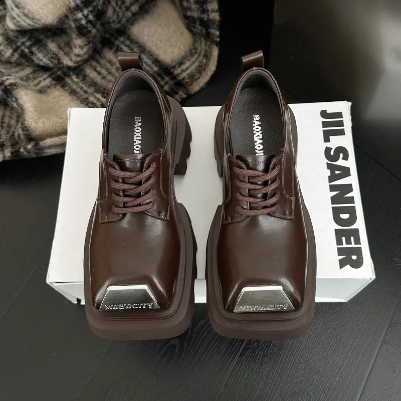 

British Style Metal Iron Head Leather Shoes Retro Square Head Lace-Up Loafers Casual Versatile Platform Women's Single Shoes