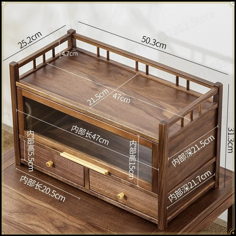 Solid Wood Desk Organizer with Drawers, Display Shelf for Teapot Tea Set, New Chinese Style Collectible Cabinet