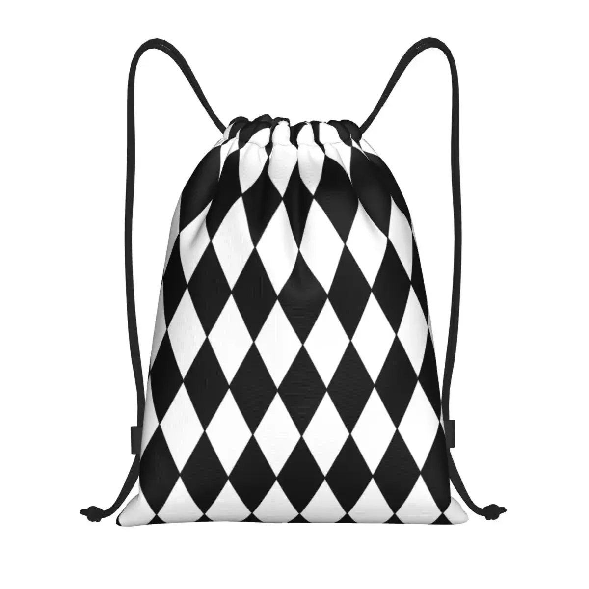 

Custom Black And White Geometric Harlequin Drawstring Bag Lightweight Abstract Diamond Pattern Sports Gym Storage Backpack