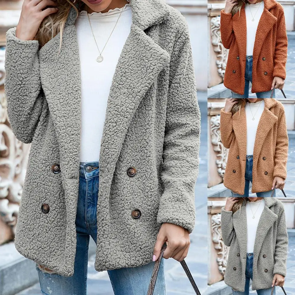 Warm Jacket Buttons Open Front Faux Fleece Women Coat Long Sleeve Winter Lapel Jacket